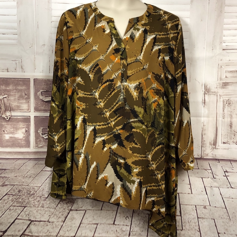 Susan Graver A-Symmetrical Career Brown Autumn Leaf Chiffon Blouse Top Plus 28W